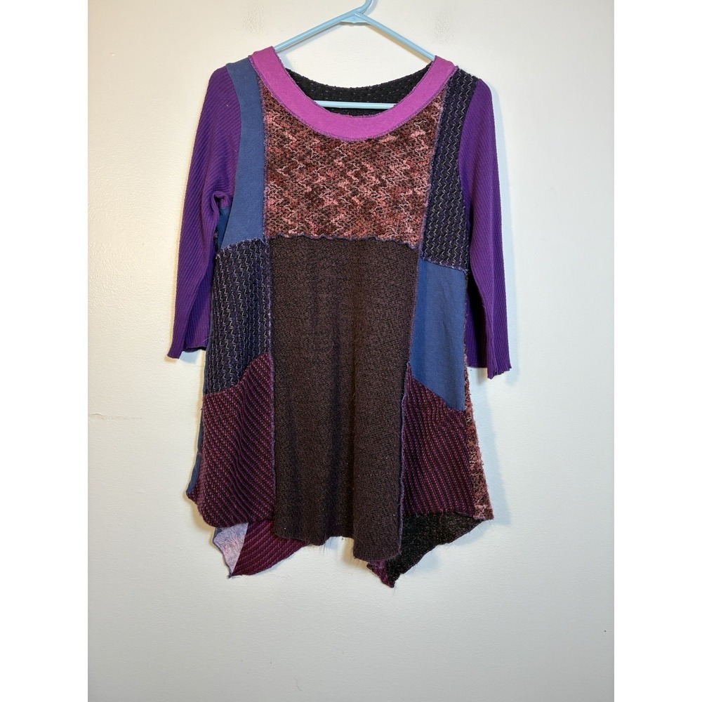 Hand Jive Patchwork Knit Tunic Top Sz Small‎ Boho Art To Wear 1/2 Sleeve